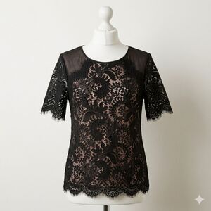 Autograph Lace Top Size 10 Black Sheer Lace Champagne Lined Short Sleeve Blouse